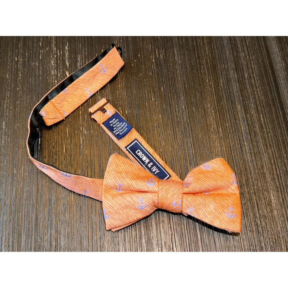 Crown Ivy Orange Anchor Print Silk Blend Pre Tied Bow‎ Tie Mens Nautical